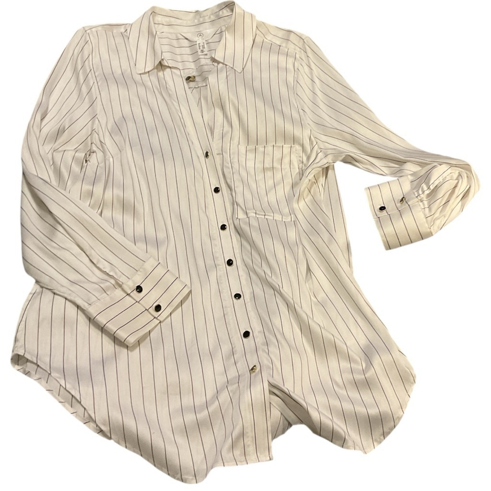 A MTL 1980 Satin Striped Button-Up Shirt White/Black/Burgundy Size 1X - Picture 9 of 11